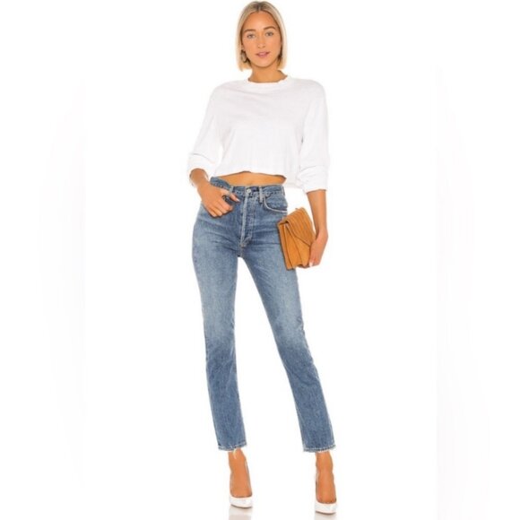 Agolde Riley High Rise Straight Leg Crop Slim Skinny Moore Blue Denim Jeans 25 - Picture 2 of 11